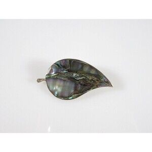 Vintage Mid Century Leaf Brooch Inlaid Abalone Sterling Silver Signed EGC Cuerna